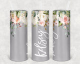 Pink & White Rose Bridesmaid Tumbler, Bridesmaid Cup, Personalized Tumbler, 20oz Skinny Tumbler w/straw and lid, Bridesmaid gift, Bride Gift