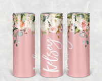 Pink & White Rose Bridesmaid Tumbler, Bridesmaid Cup, Personalized Tumbler, 20oz Skinny Tumbler w/straw and lid, Bridesmaid gift, Bride Gift