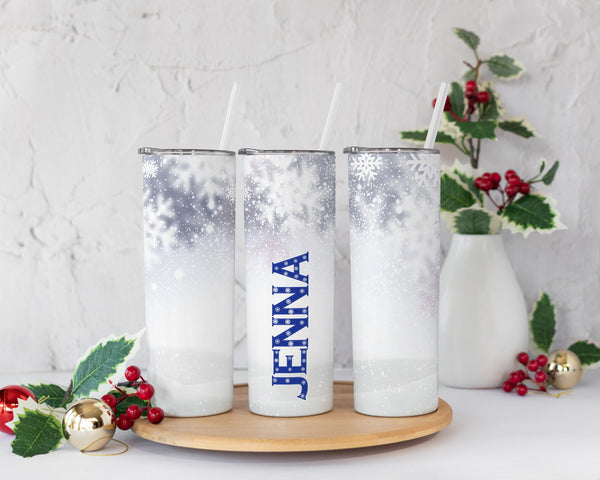 Custom Snowflake Tumbler w/Straw, Winter Tumbler, Custom Holiday Tumbler, Christmas Gift For Her, Personalized Christmas Tumbler, Xmas Gift