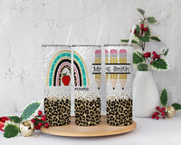 Custom Teacher Tumbler, Personalized teacher tumbler, Gift for teacher, Teacher tumbler, Teacher Appreciation Gift, Rainbow Cheetah Pencils