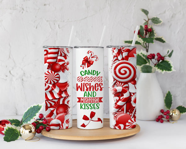 Candy Cane Wishes and Mistletoe Kisses Tumbler w/Straw, Winter Tumbler, Christmas Gift For Her, Personalized Christmas Tumbler, Xmas Gift