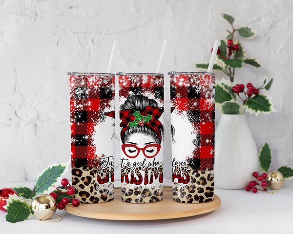 Just a Girl Who Loves Christmas Tumbler w/Straw, Winter Tumbler, Christmas Gift For Her, Personalized Christmas Tumbler, Cheetah Christmas