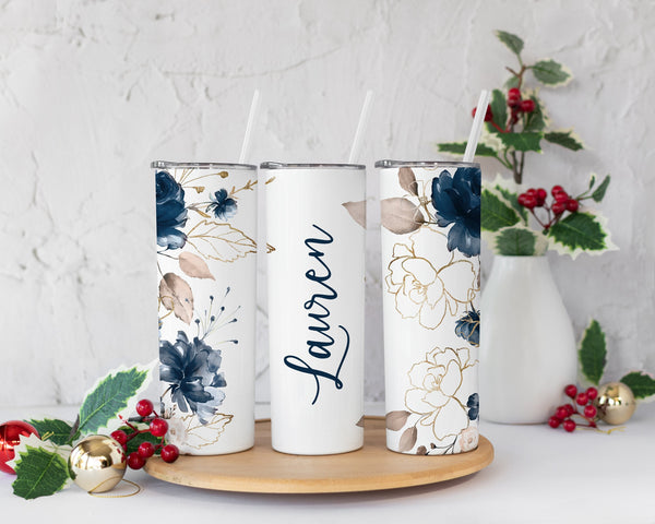 Personalized Name Tumbler, Blue and Gold Floral name tumbler, Gift for her, Floral Name tumbler, Tumbler gift, Floral tumbler