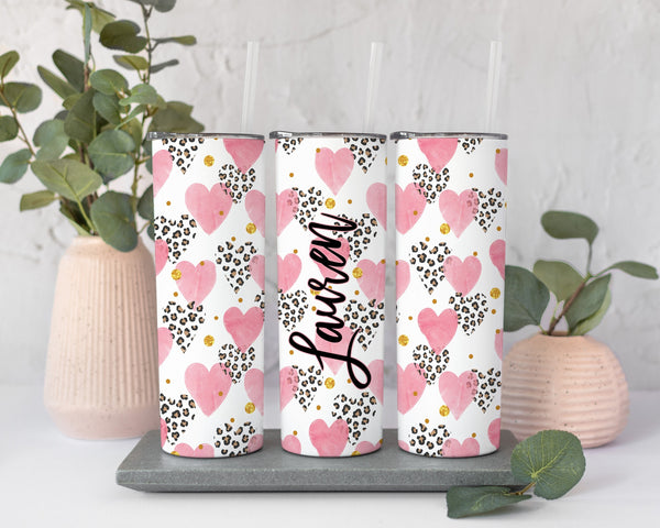 Valentine Love Tumbler, Pink and Leopard Hearts Valentines Tumbler Gift, Valentine Gift for Her, Valentine Heart Travel Cup, Galentine Gift