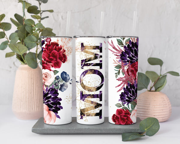 Floral Mom Tumbler for Mother's Day Gift for Mom, Mom Travel Cup for Mom Gifts, 20 oz Tall Skinny Tumbler with Lid and Straw